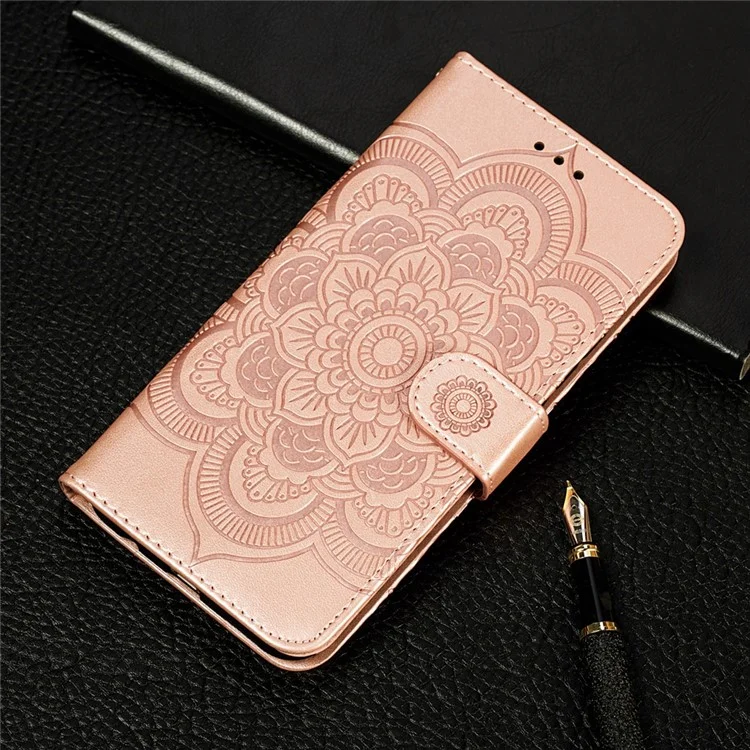 Imprint Mandala Flower Wallet Leather Cover for Samsung Galaxy A52 4G/5G / A52s 5G Protective Stand Shell - Rose Gold