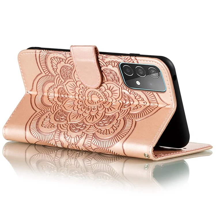 Imprint Mandala Flower Wallet Leather Cover for Samsung Galaxy A52 4G/5G / A52s 5G Protective Stand Shell - Rose Gold