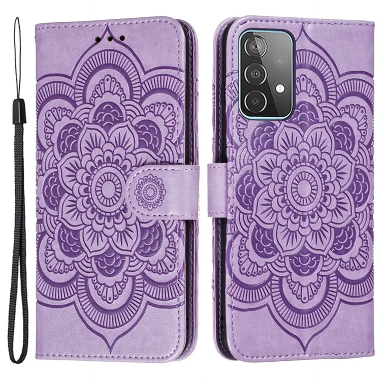 Capa Protetora de Couro com Flor Mandalá para Samsung Galaxy A52 4G/5G / A52s 5G - Cor Roxa