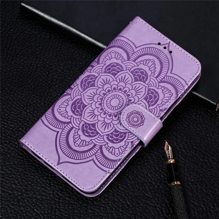 Capa Protetora de Couro com Flor Mandalá para Samsung Galaxy A52 4G/5G / A52s 5G - Cor Roxa