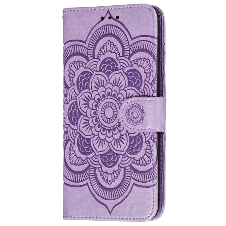 Impresión de la Cubierta de Cuero de Billetera de Flores de Mandala Para Samsung Galaxy A52 4G/5G / Shell de Soporte de Protección A52s 5G - Violeta