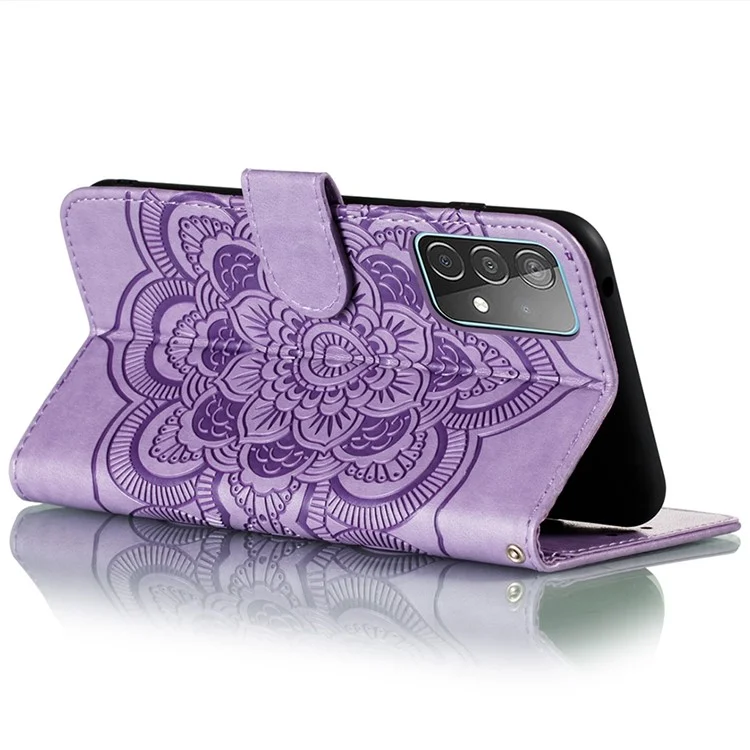 Capa Protetora de Couro com Flor Mandalá para Samsung Galaxy A52 4G/5G / A52s 5G - Cor Roxa