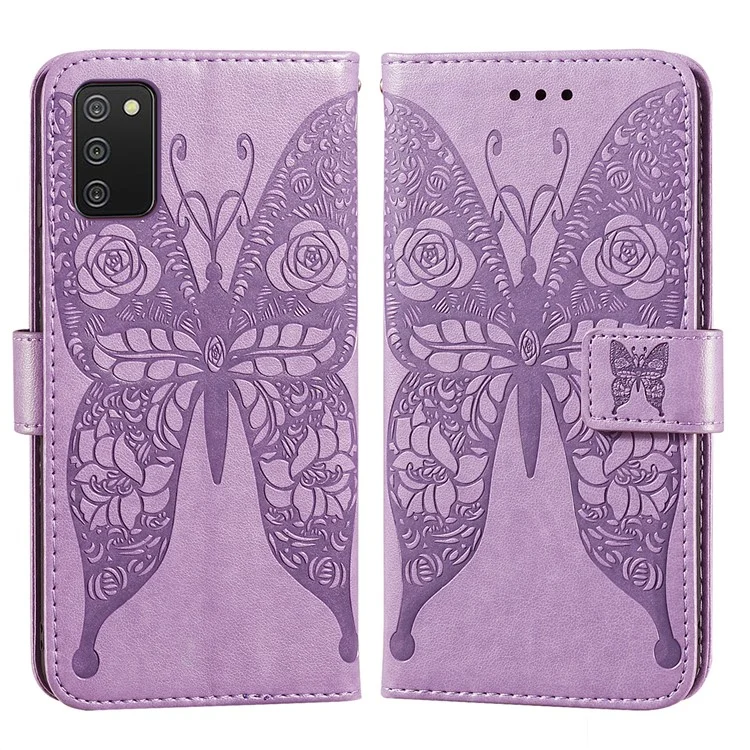 Per Samsung Galaxy A02S (164.2x75.9x9.1mm) Improntato Flower Flower Farfalle Modello Con Portafoglio In Pelle - Viola