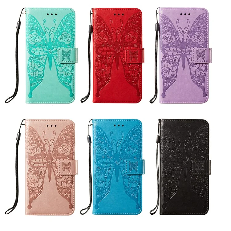 Für Samsung Galaxy A02s (164,2 x 75,9 x 9,1 mm) geprägtes Rosenblusten-Schmetterlingsmuster Lederportemonnaie Standhülle - Lila