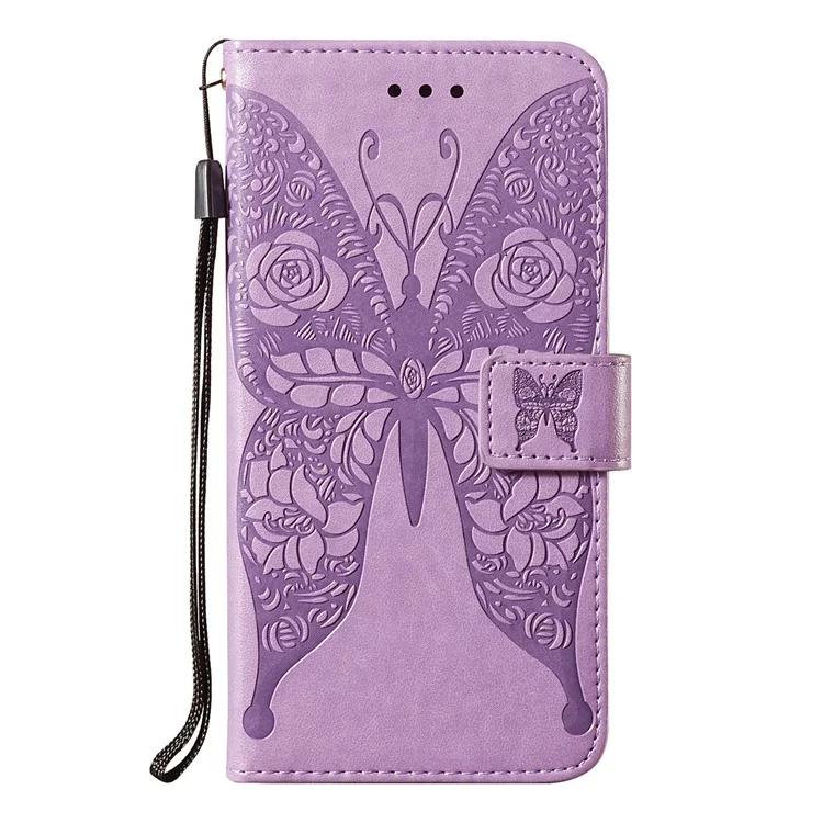 For Samsung Galaxy A02s (164.2x75.9x9.1mm) Imprinted Rose Flower Butterflies Pattern Leather Wallet Stand Case - Purple