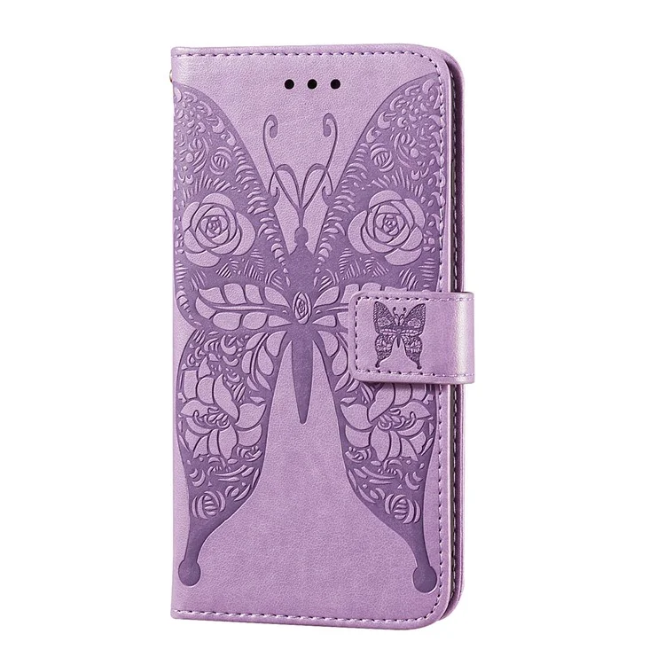 For Samsung Galaxy A02s (164.2x75.9x9.1mm) Imprinted Rose Flower Butterflies Pattern Leather Wallet Stand Case - Purple