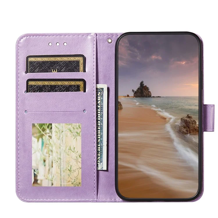 For Samsung Galaxy A02s (164.2x75.9x9.1mm) Imprinted Rose Flower Butterflies Pattern Leather Wallet Stand Case - Purple