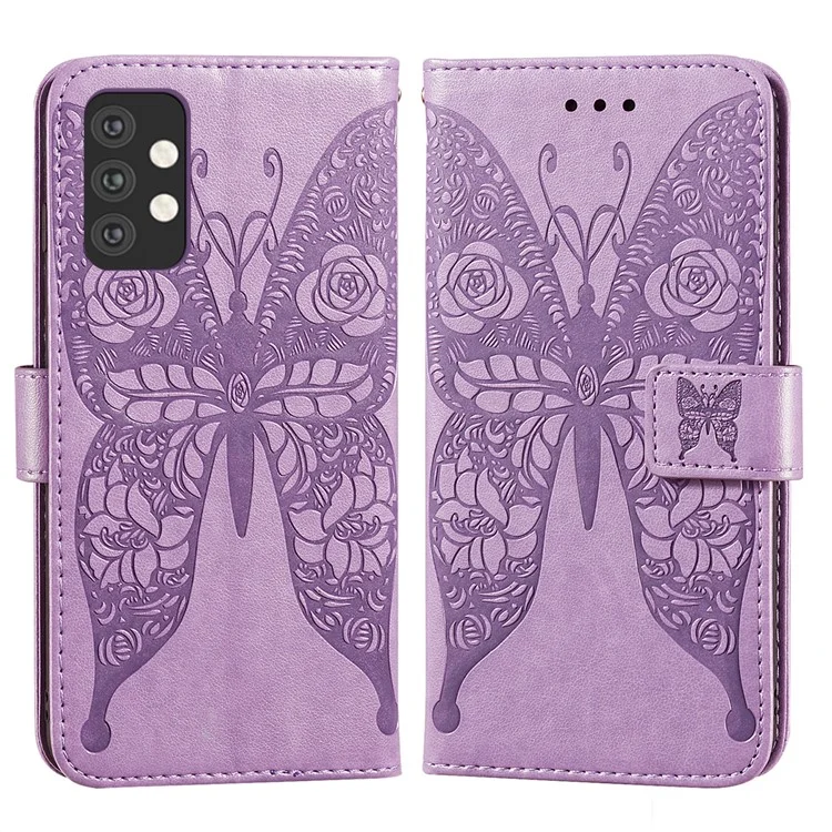 For Samsung Galaxy A32 5G Imprinted Rose Flower Butterflies Pattern Leather Wallet Stand Case - Purple