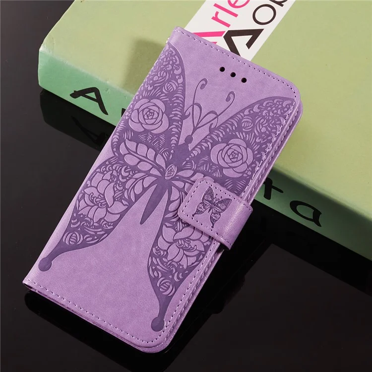 For Samsung Galaxy A32 5G Imprinted Rose Flower Butterflies Pattern Leather Wallet Stand Case - Purple