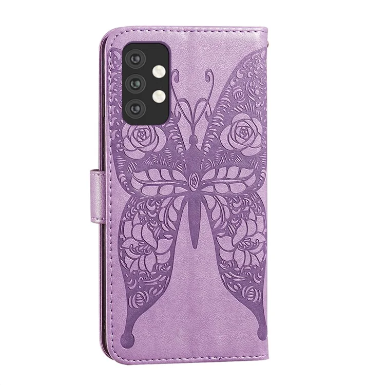 For Samsung Galaxy A32 5G Imprinted Rose Flower Butterflies Pattern Leather Wallet Stand Case - Purple