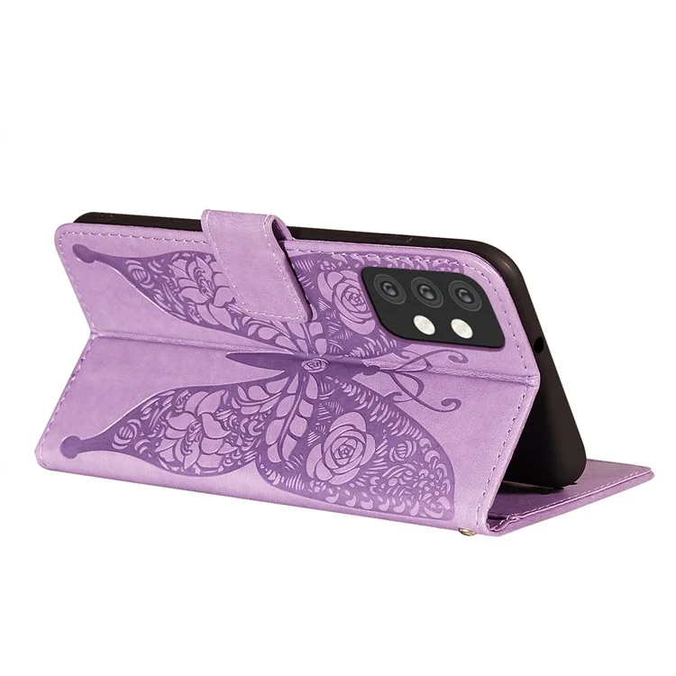 For Samsung Galaxy A32 5G Imprinted Rose Flower Butterflies Pattern Leather Wallet Stand Case - Purple