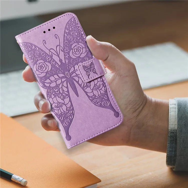 For Samsung Galaxy A32 5G Imprinted Rose Flower Butterflies Pattern Leather Wallet Stand Case - Purple