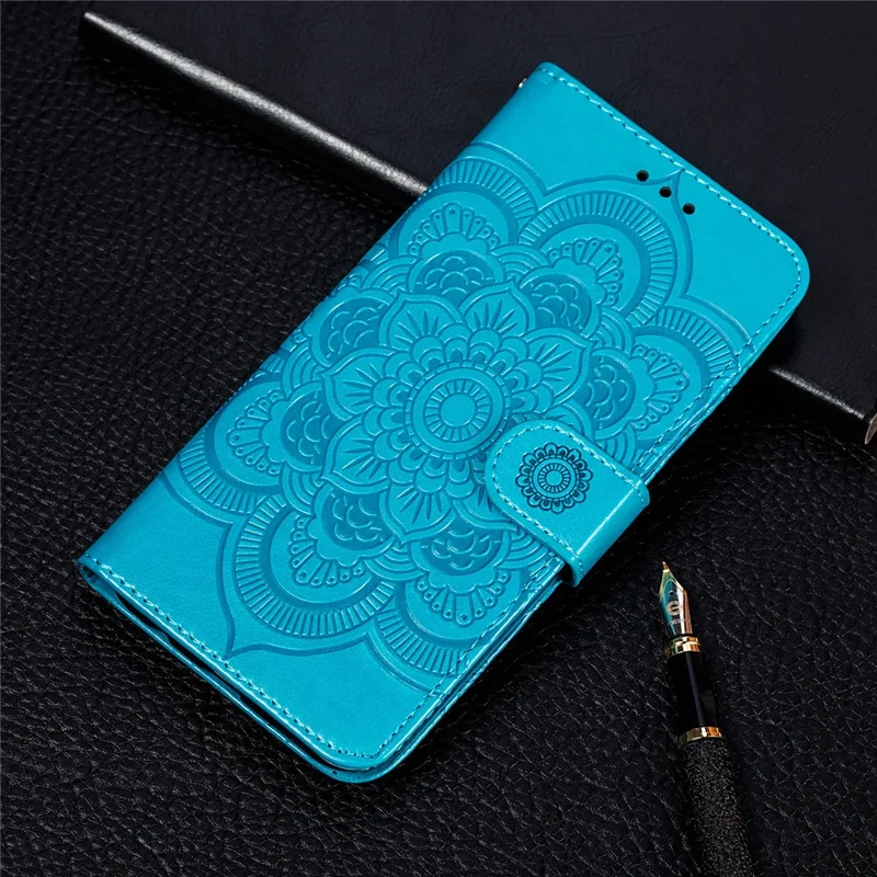 Imprint Mandala Flower Stand for Samsung Galaxy A72 5G / A72 4G Leather Case - Blue