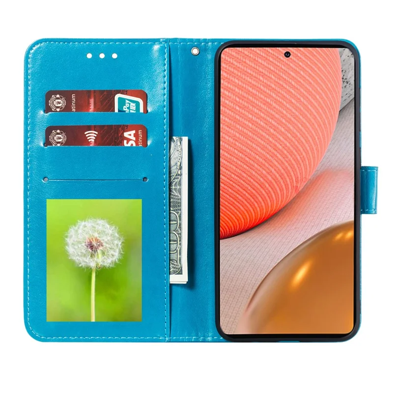 Imprint Mandala Flower Stand for Samsung Galaxy A72 5G / A72 4G Leather Case - Blue