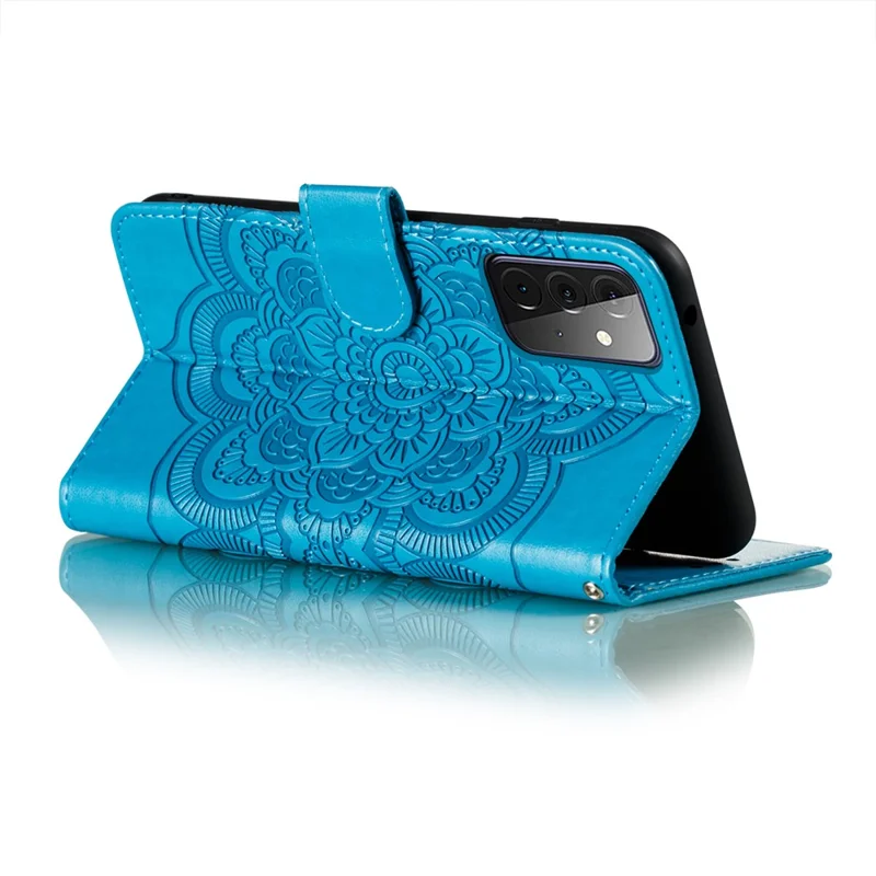 Imprint Mandala Flower Stand for Samsung Galaxy A72 5G / A72 4G Leather Case - Blue