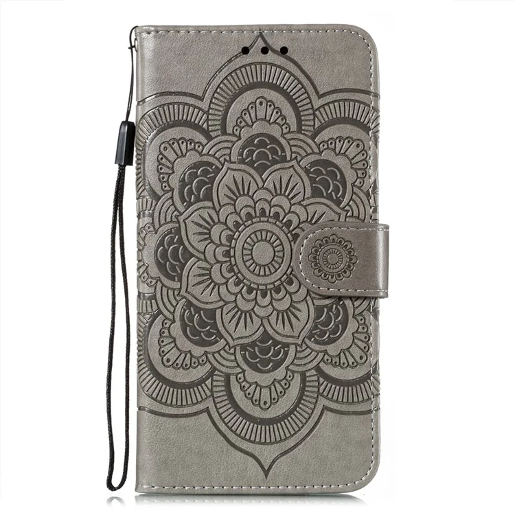 Imprint Mandala Flower Stand for Samsung Galaxy A72 5G / A72 4G Leather Case - Grey