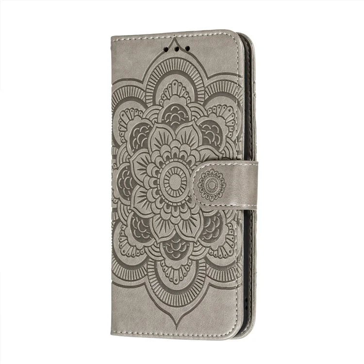 Imprint Mandala Flower Stand for Samsung Galaxy A72 5G / A72 4G Leather Case - Grey