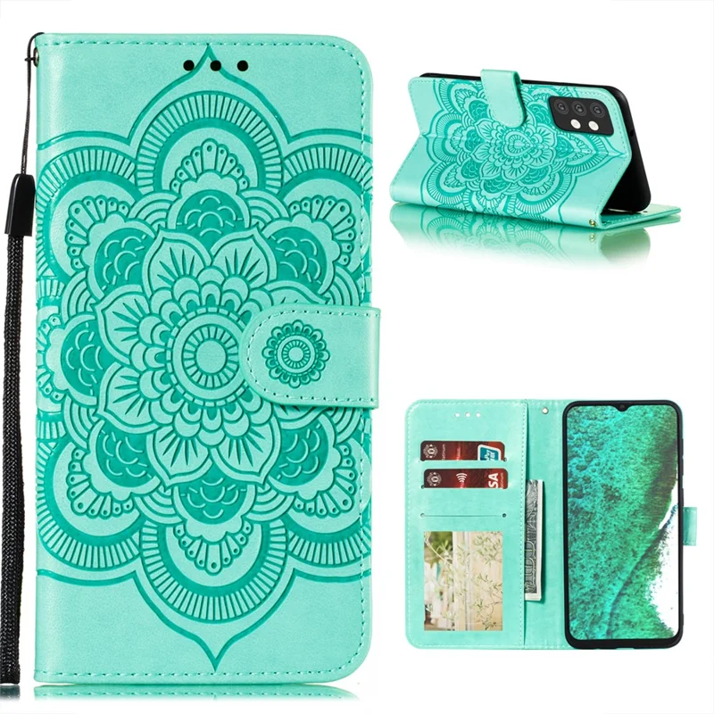 Imprint Mandala Flower Stand Leather Flip Shell for Samsung Galaxy A32 5G Case - Cyan