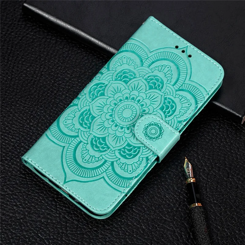Imprint Mandala Flower Stand Leather Flip Shell for Samsung Galaxy A32 5G Case - Cyan