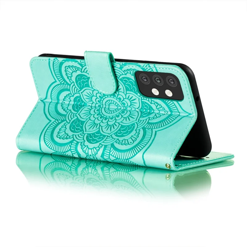 Imprint Mandala Flower Stand Leather Flip Shell for Samsung Galaxy A32 5G Case - Cyan