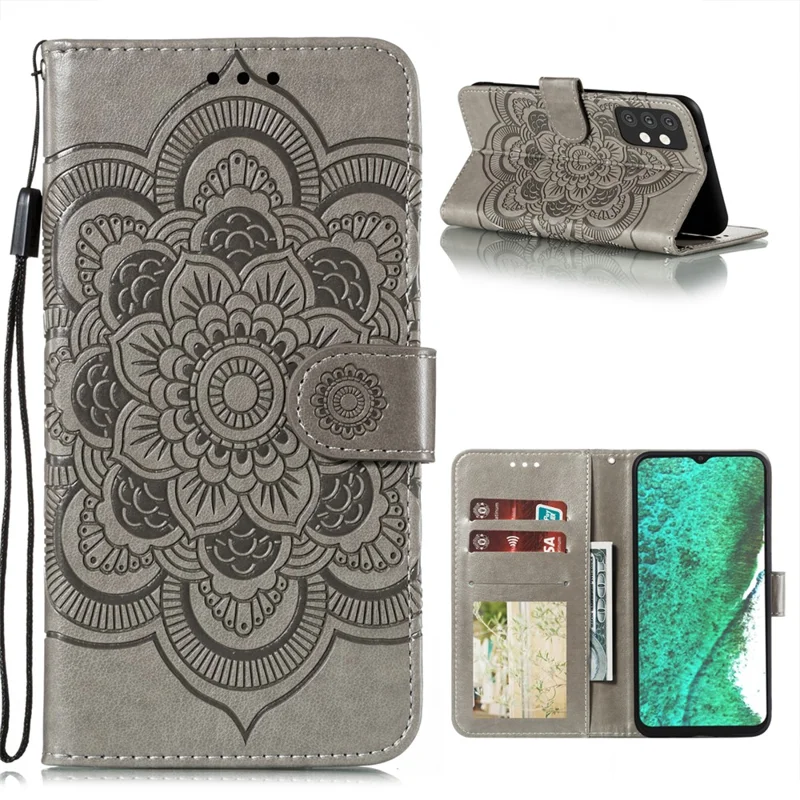 Imprint Mandala Flower Stand Leather Flip Shell for Samsung Galaxy A32 5G Case - Grey