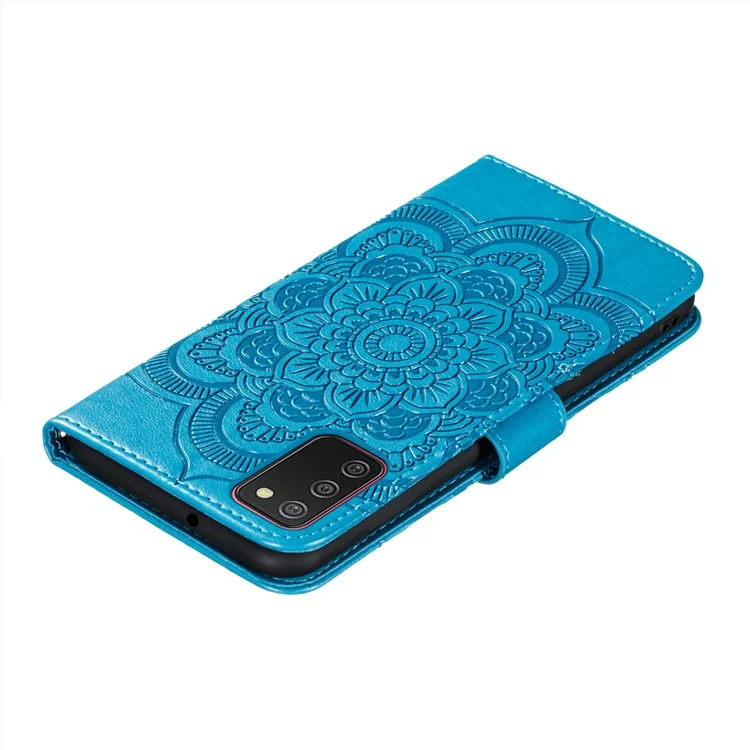 Imprint Mandala Flower Stand Leather Shell for Samsung Galaxy A02s (164.2x75.9x9.1mm) Case - Blue