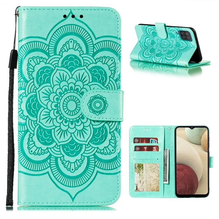 Imprint Mandala Flor Stand Para Samsung Galaxy A12 Caso De Couro - Ciano