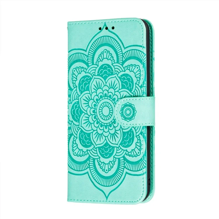 Imprint Mandala Flower Stand for Samsung Galaxy A12 Leather Case - Cyan