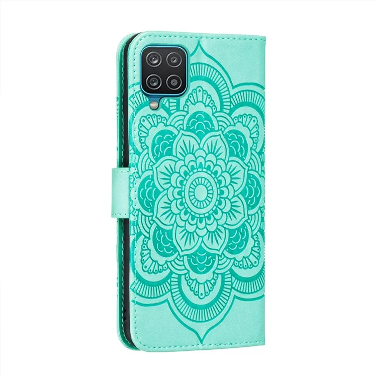 Imprint Mandala Flor Stand Para Samsung Galaxy A12 Caso De Couro - Ciano