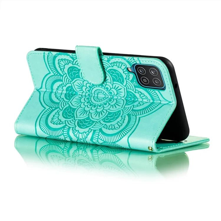 Imprint Mandala Flower Stand for Samsung Galaxy A12 Leather Case - Cyan