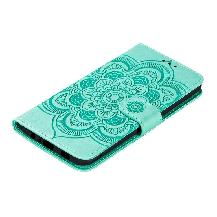 Imprint Mandala Flor Stand Para Samsung Galaxy A12 Caso De Couro - Ciano