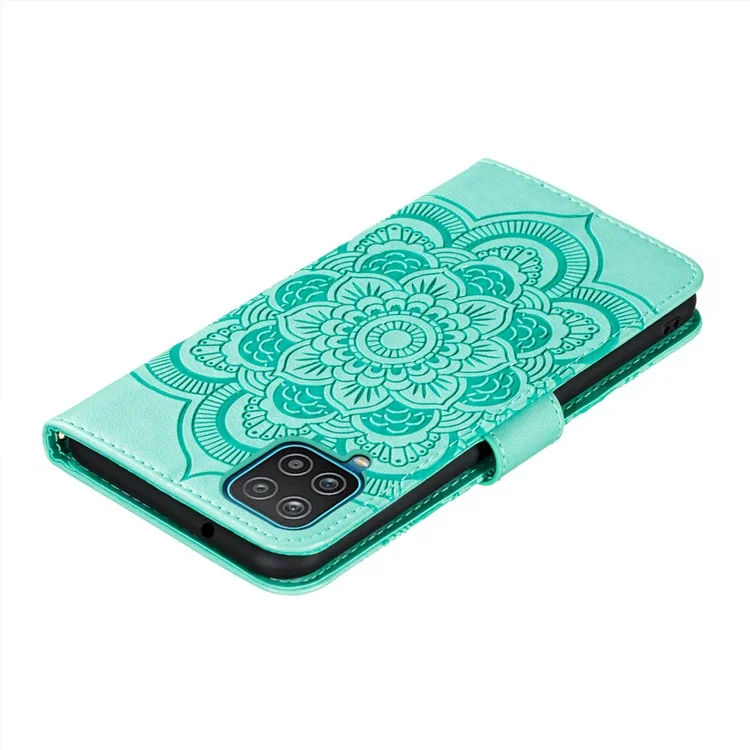 Imprint Mandala Flor Stand Para Samsung Galaxy A12 Caso De Couro - Ciano