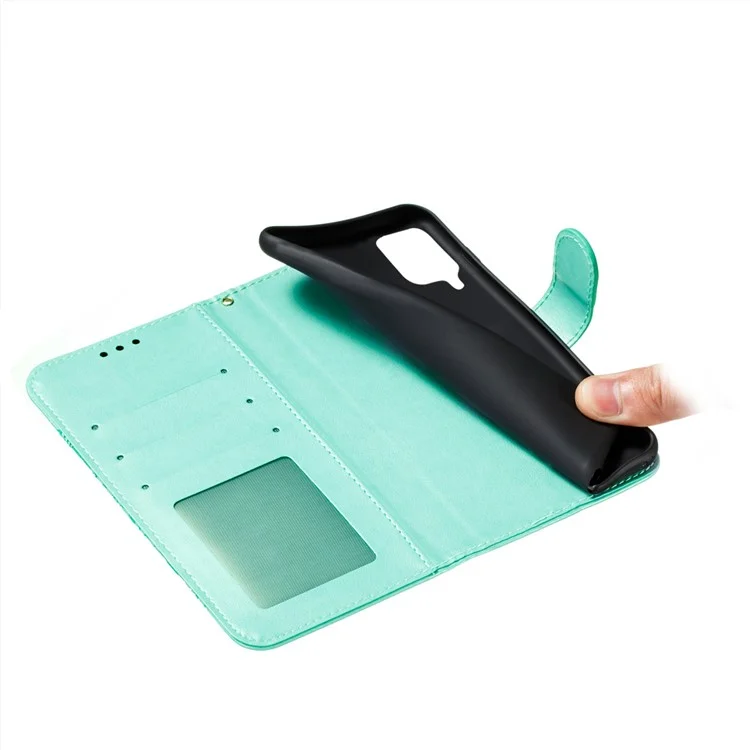 Pie De Impresión Mandala Flower Stand Para Samsung Galaxy A12 Caja De Cuero - Cian