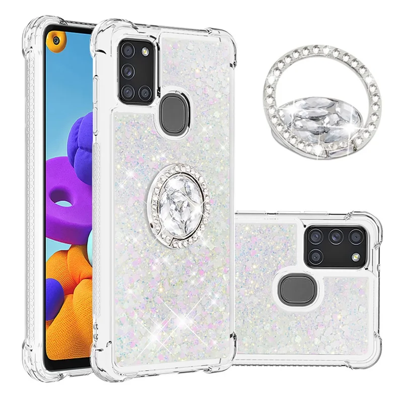 Shockproof Quicksand Kickstand TPU Smartphone Shell for Samsung Galaxy A21s - White