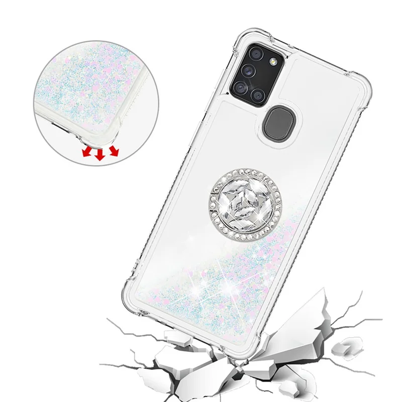 Shockproof Quicksand Kickstand TPU Smartphone Shell for Samsung Galaxy A21s - White