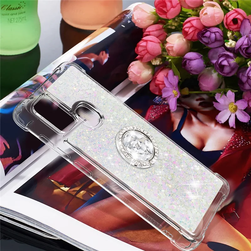 Shockproof Quicksand Kickstand TPU Smartphone Shell for Samsung Galaxy A21s - White