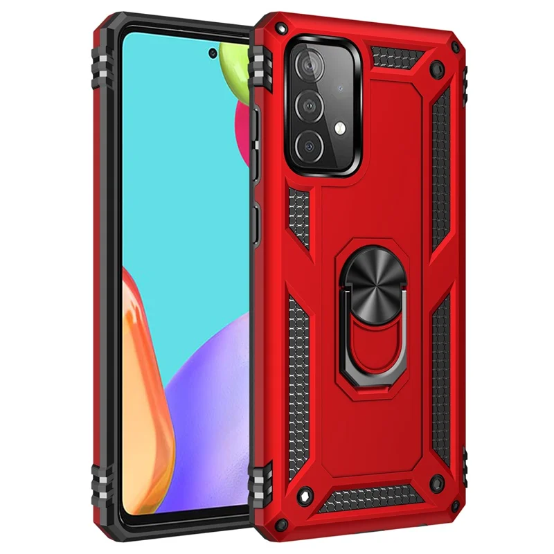 Armor Anti-fall Metal Ring Kickstand Design Hybrid PC TPU Shell for Samsung Galaxy A52 4G/5G / A52s 5G - Red