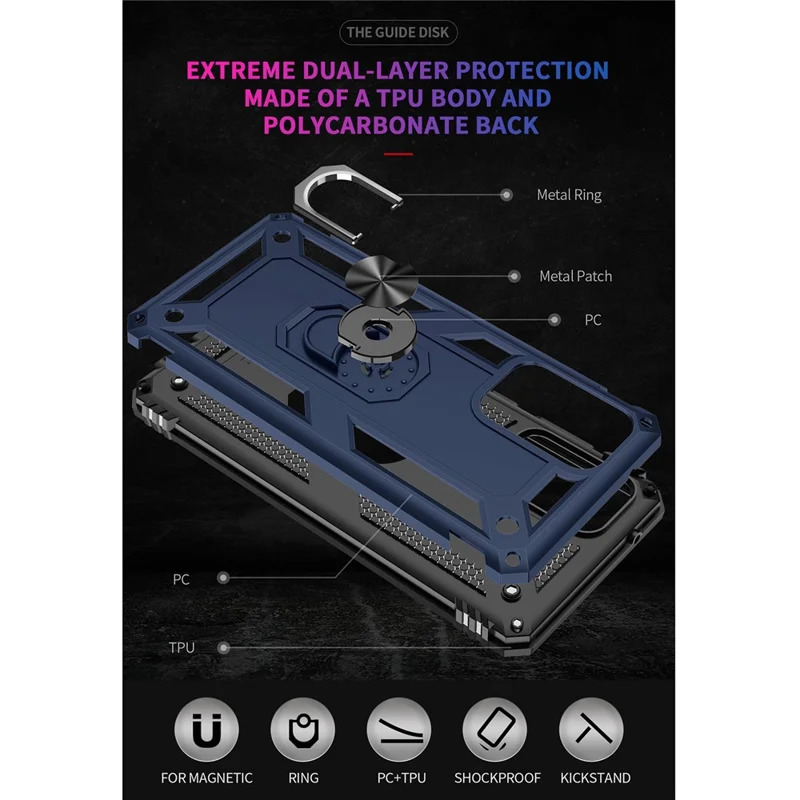 Armor Anti-fall Metal Ring Kickstand Design Hybrid PC TPU Shell for Samsung Galaxy A52 4G/5G / A52s 5G - Blue