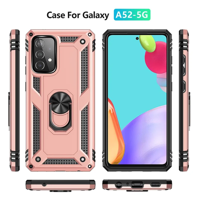 Armor Anti-fall Metal Ring Kickstand Design Hybrid PC TPU Shell for Samsung Galaxy A52 4G/5G / A52s 5G - Rose Gold