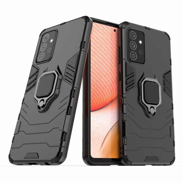 PC + TPU Combo Hybrid Cell Phone Case with Ring Holder Kickstand for Samsung Galaxy A72 5G - Black