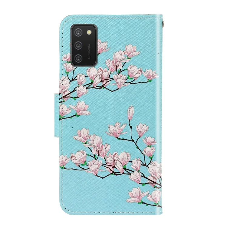 Pattern Printing TPU + PU Leather Wallet Stand Phone Case with Lanyard for Samsung Galaxy A02s (164.2x75.9x9.1mm) - Flower