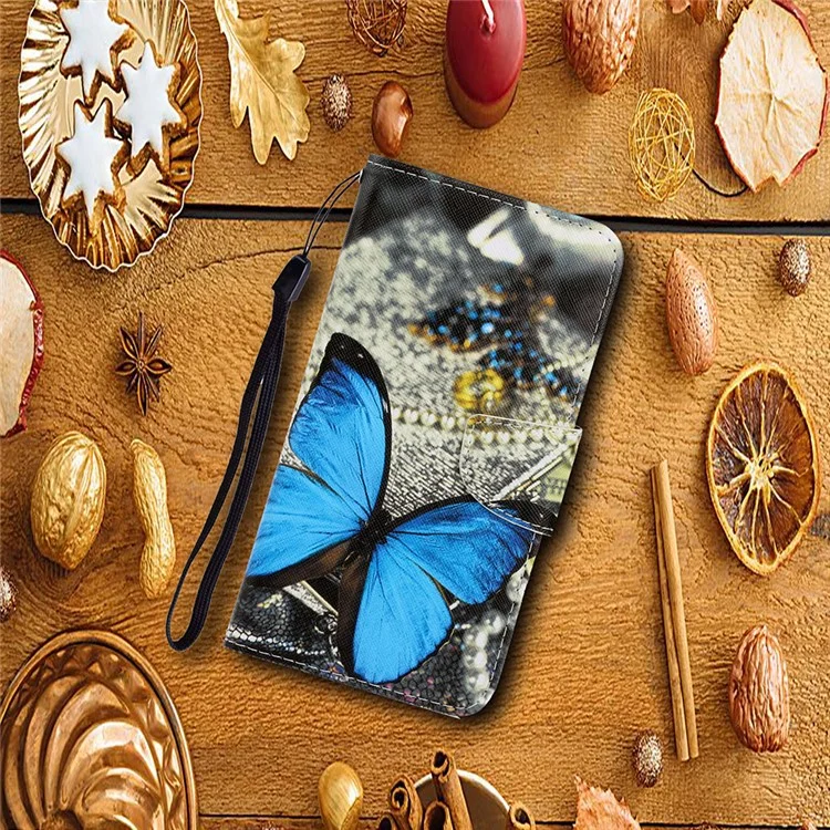 Pattern Printing TPU + PU Leather Wallet Stand Phone Case with Lanyard for Samsung Galaxy A02s (164.2x75.9x9.1mm) - Large Butterfly