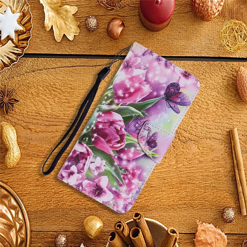Pattern Printing TPU + PU Leather Wallet Stand Phone Case with Lanyard for Samsung Galaxy S21 Ultra 5G - Flower