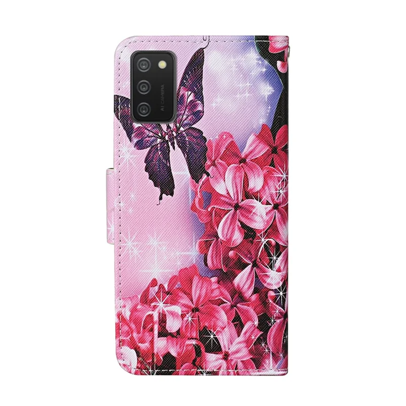 Futerał z portfelem ze sztucznej skóry z nadrukiem i podstawką z paskiem do telefonu Samsung Galaxy A02s (166,5 mm) – Czerwone kwiaty i motyl
