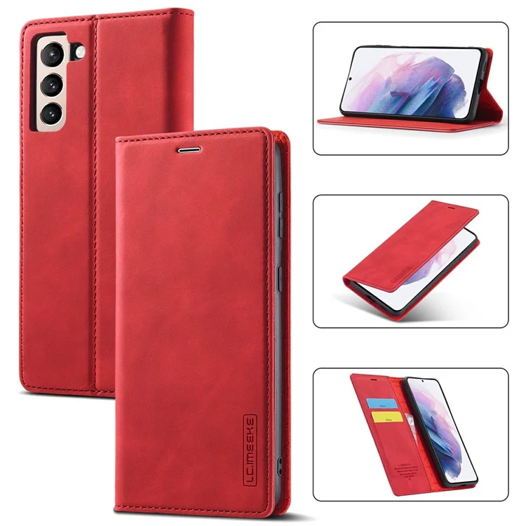 LC.IMEEKE Strong Auto-absorbed Magnetic Edge Business Style Leather Phone Cover for Samsung Galaxy S21 4G/5G - Red