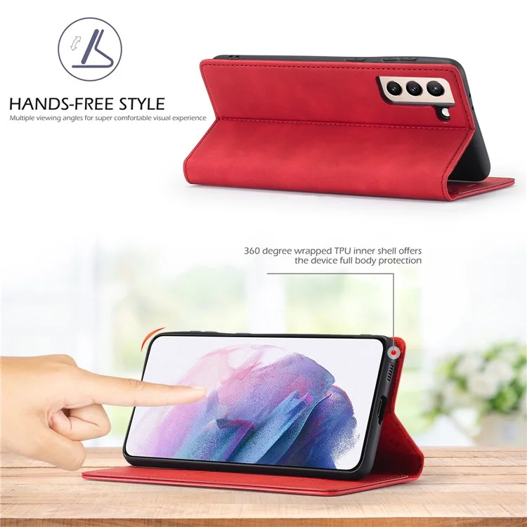 LC.IMEEKE Strong Auto-absorbed Magnetic Edge Business Style Leather Phone Cover for Samsung Galaxy S21 4G/5G - Red