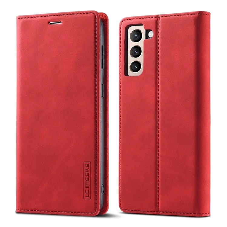 LC.IMEEKE Strong Auto-absorbed Magnetic Edge Business Style Leather Phone Cover for Samsung Galaxy S21 4G/5G - Red