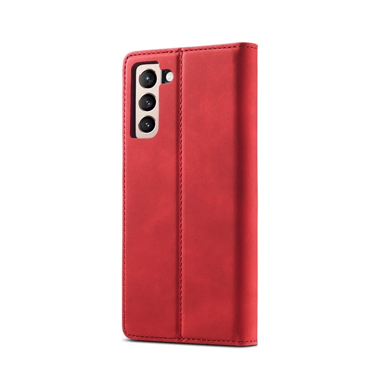 LC.IMEEKE Strong Auto-absorbed Magnetic Edge Business Style Leather Phone Cover for Samsung Galaxy S21 4G/5G - Red