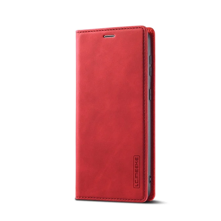 LC.IMEEKE Strong Auto-absorbed Magnetic Edge Business Style Leather Phone Cover for Samsung Galaxy S21 4G/5G - Red