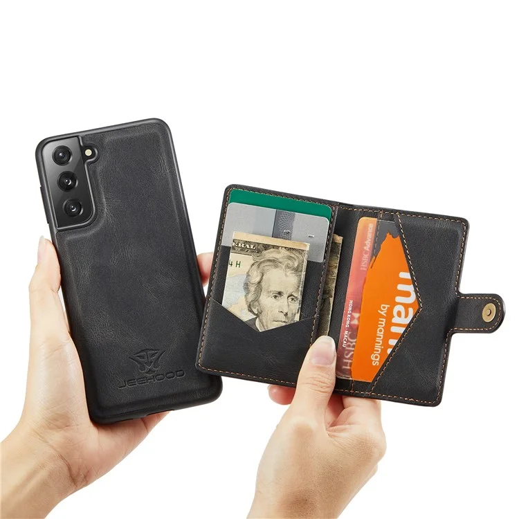 JEEHOOD Magnetic Wallet Design Detachable 2 in 1 Leather Coated TPU Case for Samsung Galaxy S21 4G/5G - Black